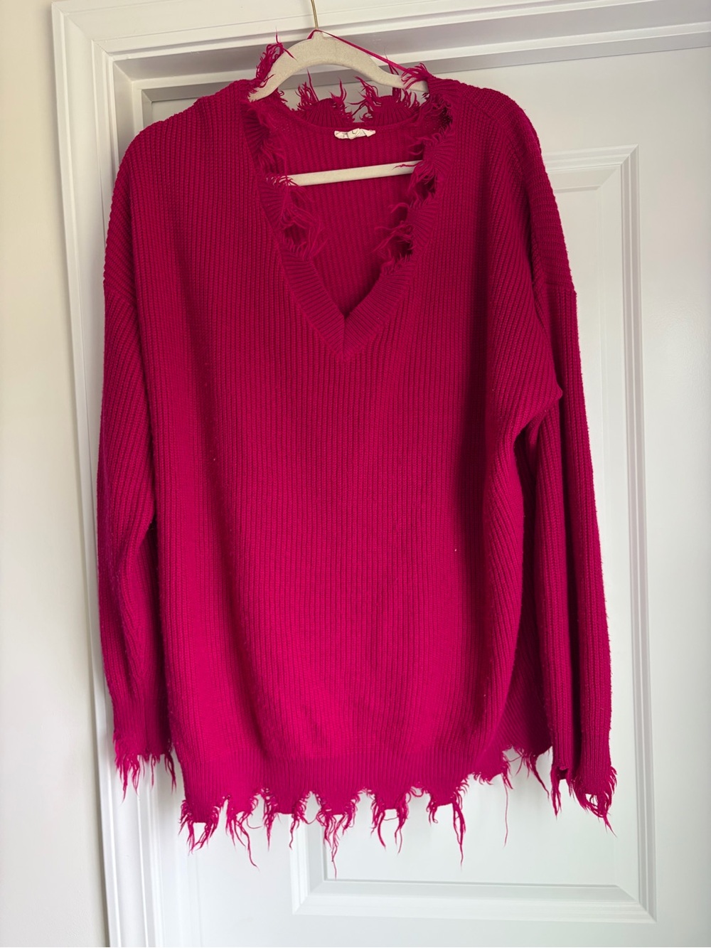 Distressed V-Neck Sweater in Fuchsia